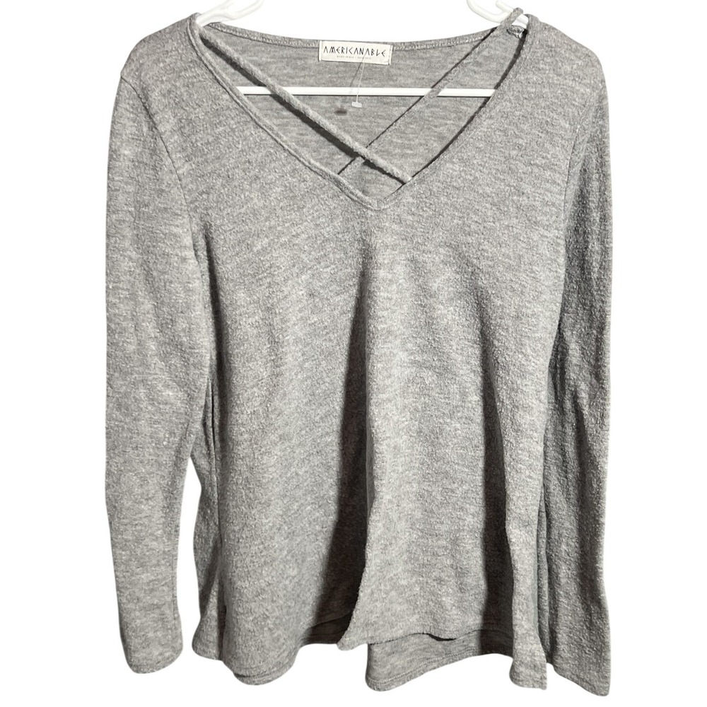 AMERICANABLE Women's Gray Criss-Cross V-Neck Long Sleeve Knit Top Size M Made in